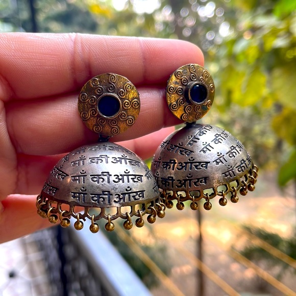 Brass oxidised jhumkas | handmade - Picture 8 of 9